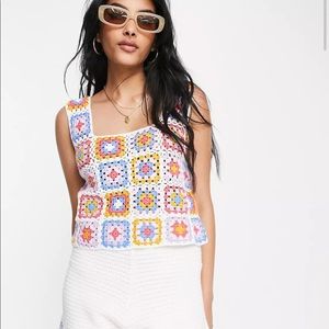 Topshop hand knitted square neck crochet top in multi in Medium (us8-10)